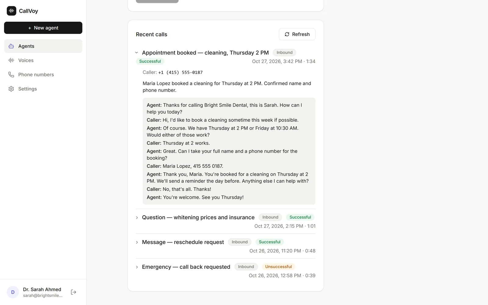 CallVoy call log showing a booked appointment with the caller's number, a summary and the full transcript of the conversation