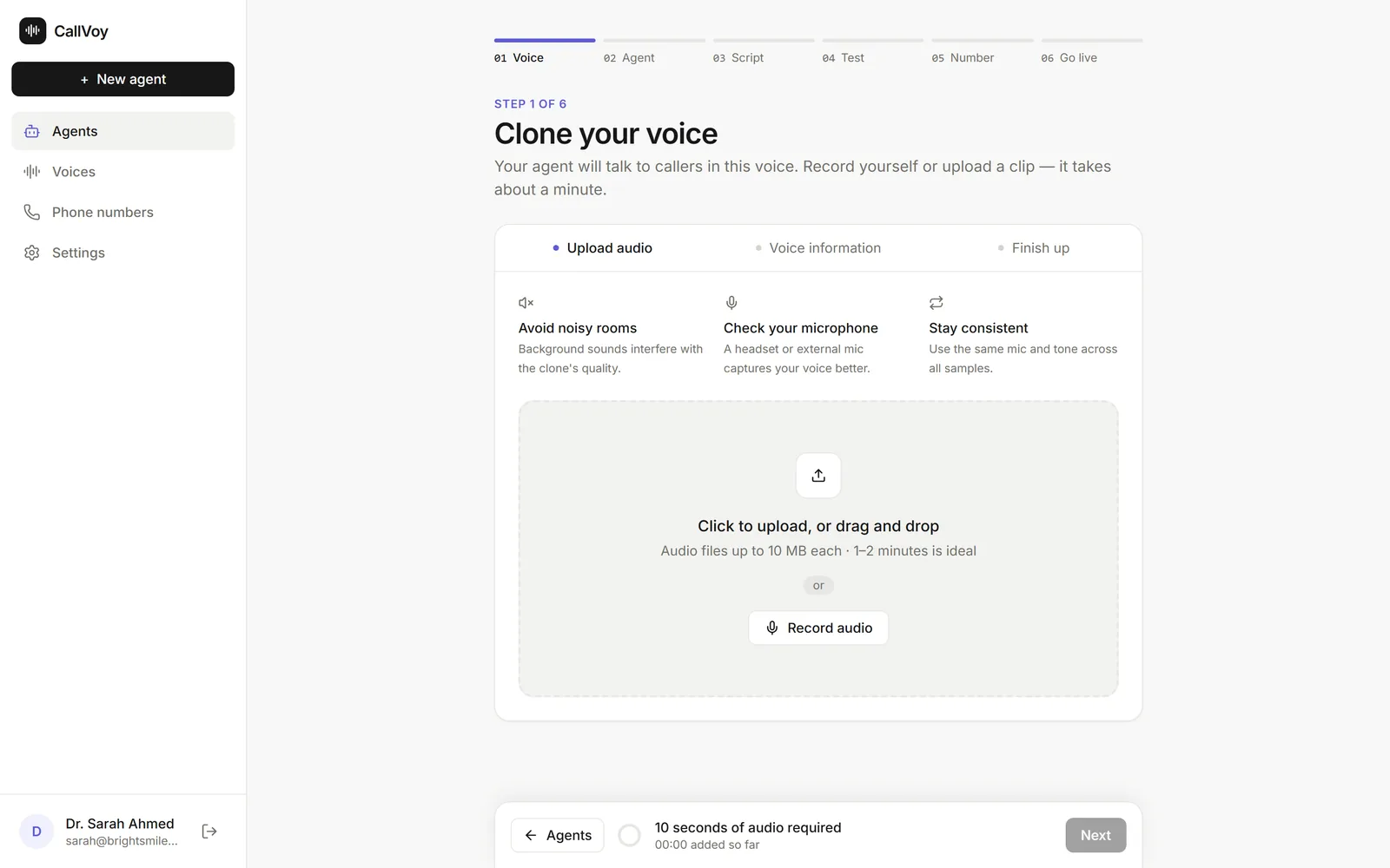 Step 1 of CallVoy setup: clone your voice by uploading or recording about a minute of audio