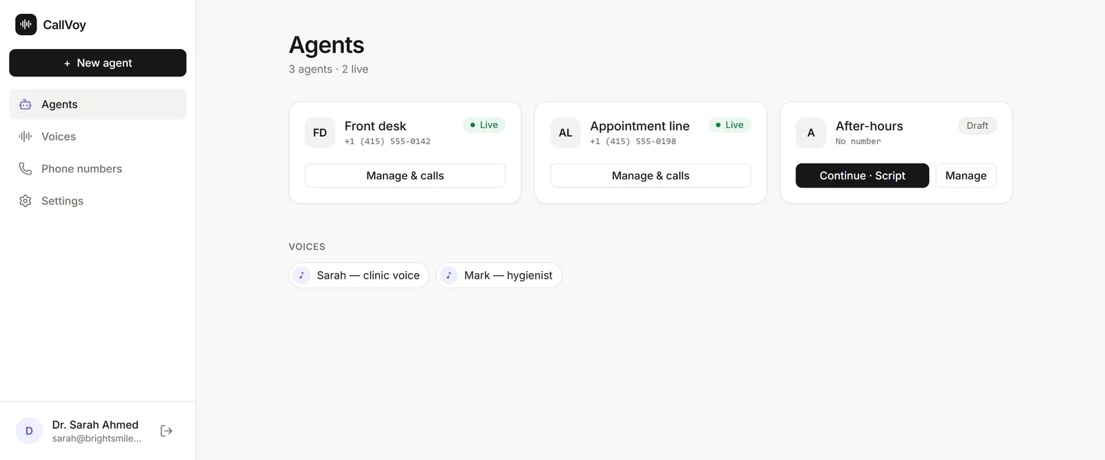 CallVoy dashboard listing three AI phone agents — two live with phone numbers, one draft — and the cloned voices they use